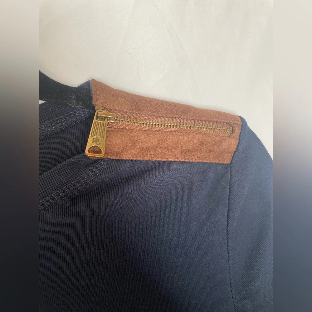LRL Navy Blue Longsleeve Crewneck w/ Suede Shoulder Patch 100% Cotton Size M - Picture 8 of 10